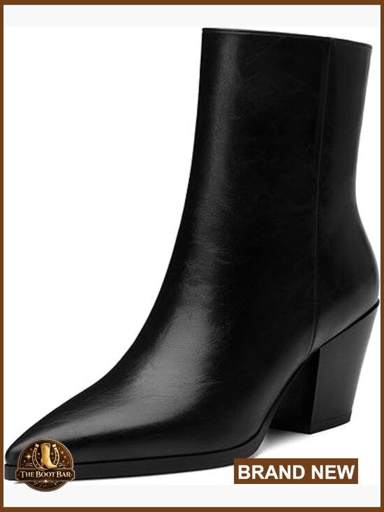 Women Booties Almond Toe Side Zipper Chunky Block Heel  Chunky Low Heel Ankle Booties Pointed Toe Side Zipper Dress Shoes